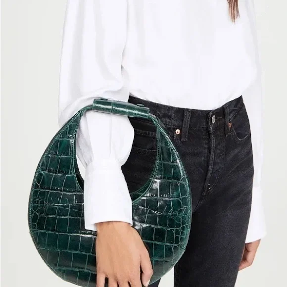 Elegant Green Staud Moon Bag Crocodile-Embossed Women's Shoulder Bag